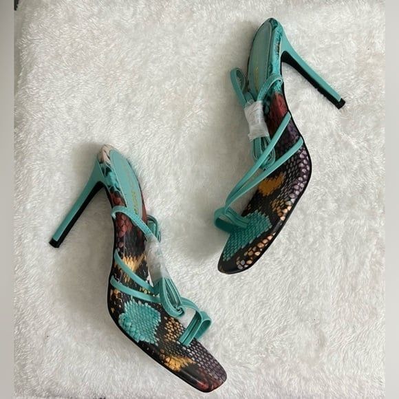 New Fashion Nova Multicolor Snake Print Stiletto High Heel Ankle Wrap Sandals - Picture 2 of 6